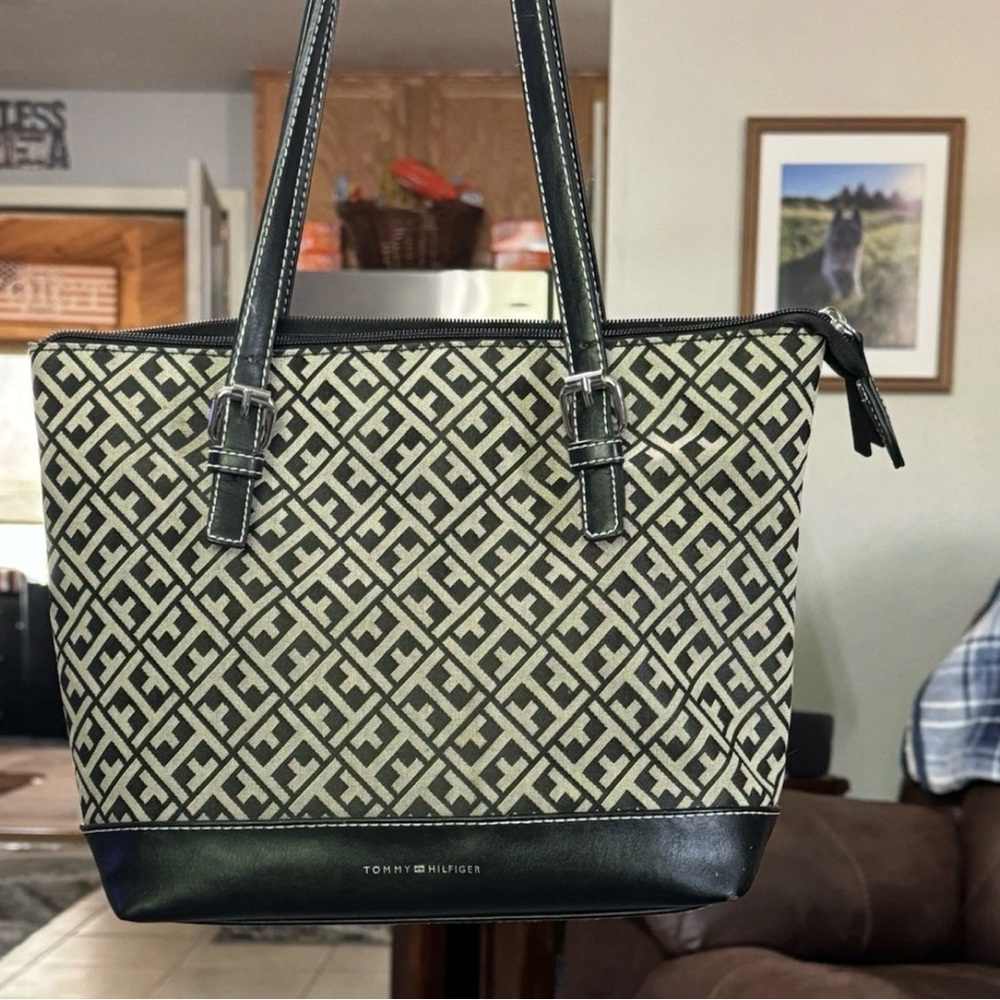 Tommy Hilfiger Black and Cream Patterned Tote